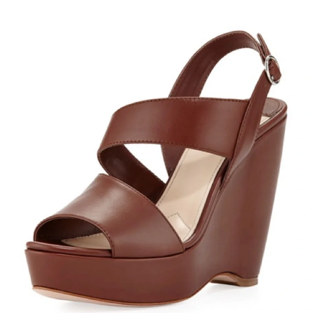 Prada Asymmetric Calfskin Wedge Sandal, Brown